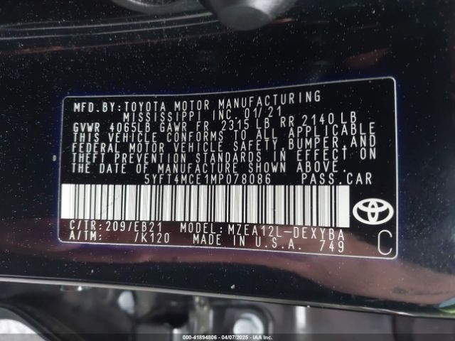 5YFT4MCE1MP078086 Toyota Corolla Xse