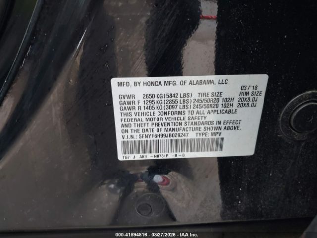 5FNYF6H99JB029247 Honda Pilot Touring