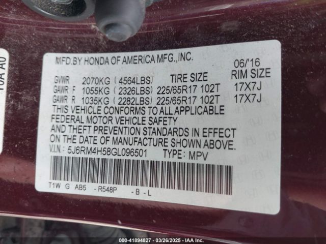 5J6RM4H58GL096501 Honda CR-V EX