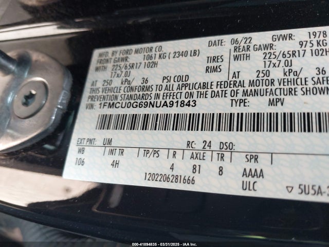 1FMCU0G69NUA91843 Ford ESCAPE SE
