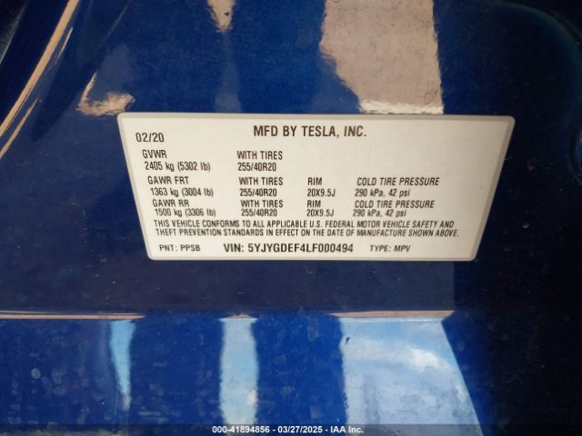 5YJYGDEF4LF000494 Tesla Model Y Long Range Dual Motor All-wheel Drive/performance Dual Motor All-wheel Drive