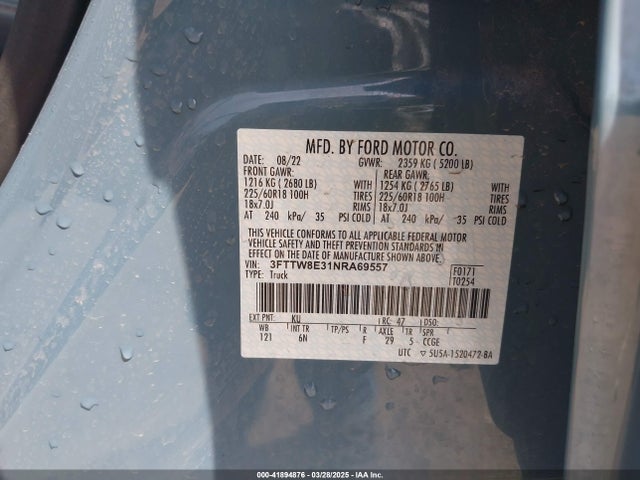 3FTTW8E31NRA69557 Ford Maverick Lariat
