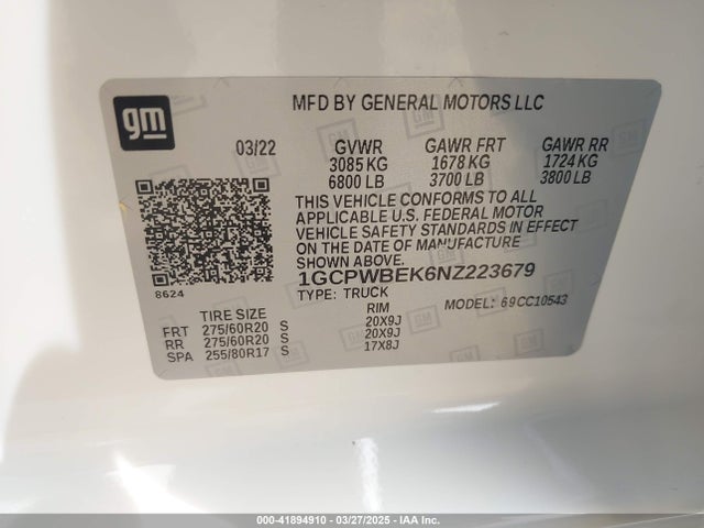 1GCPWBEK6NZ223679 Chevrolet Silverado 1500 Ltd 2wd  Short Bed Custom