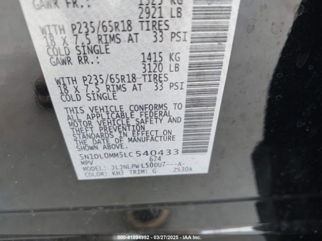 5N1DL0MM5LC540433 Infiniti Qx60 Pure Awd