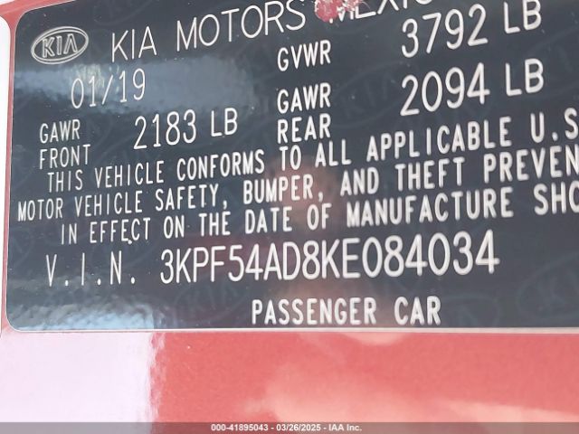 3KPF54AD8KE084034 KIA FORTE EX