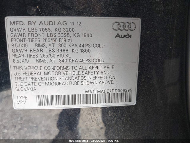 2013 Audi Q7 3.0 Tdi Premium მანქანა იყიდება აუქციონზე, vin: WA1LMAFE7DD009295, აუქციონის ნომერი: 41895084