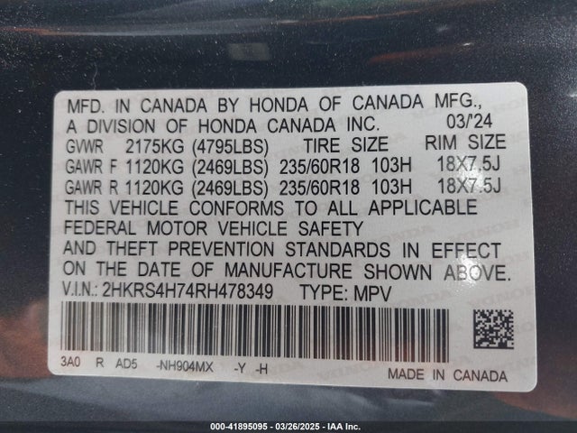 2HKRS4H74RH478349 Honda Cr-v Ex-l Awd