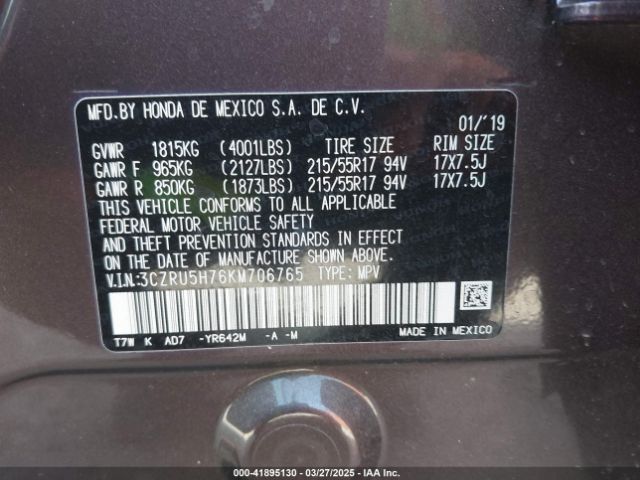 3CZRU5H76KM706765 Honda Hr-v Ex-l