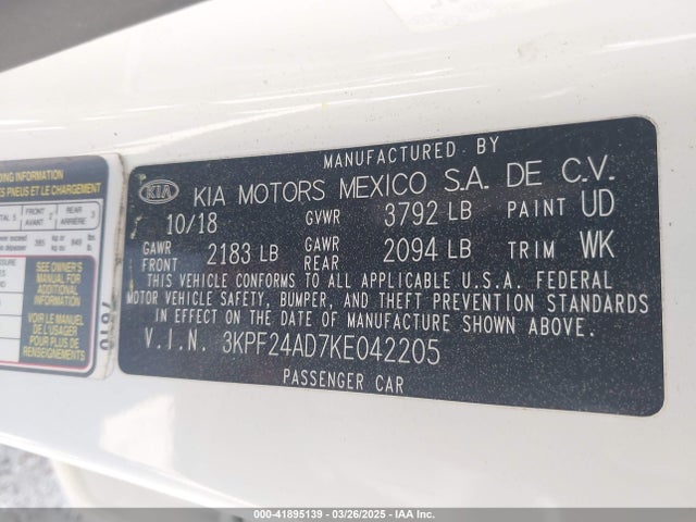 3KPF24AD7KE042205 KIA Forte Lxs