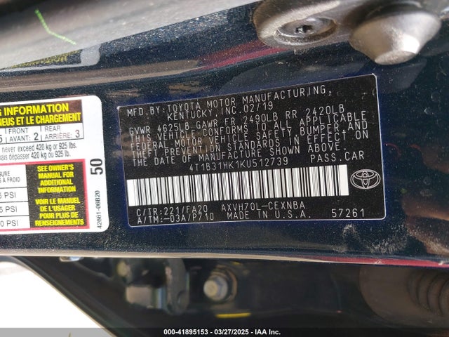 2019 Toyota Camry Hybrid Le მანქანა იყიდება აუქციონზე, vin: 4T1B31HK1KU512739, აუქციონის ნომერი: 41895153