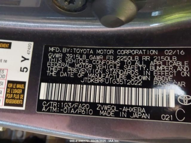 JTDKBRFU1G3512022 Toyota Prius Two