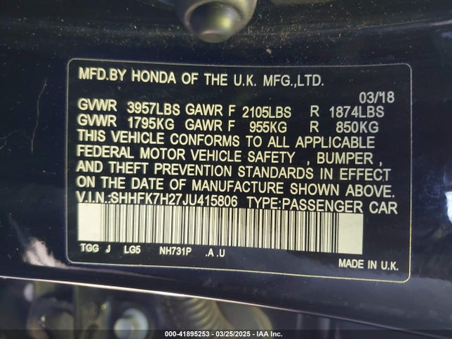 SHHFK7H27JU415806 Honda Civic Lx
