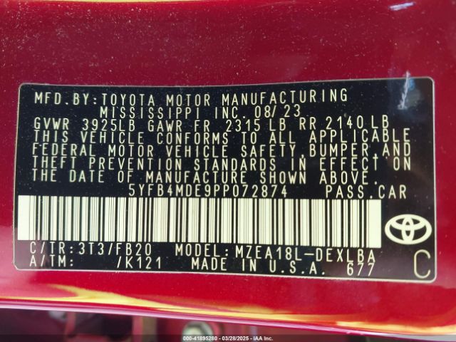 5YFB4MDE9PP072874 Toyota COROLLA LE