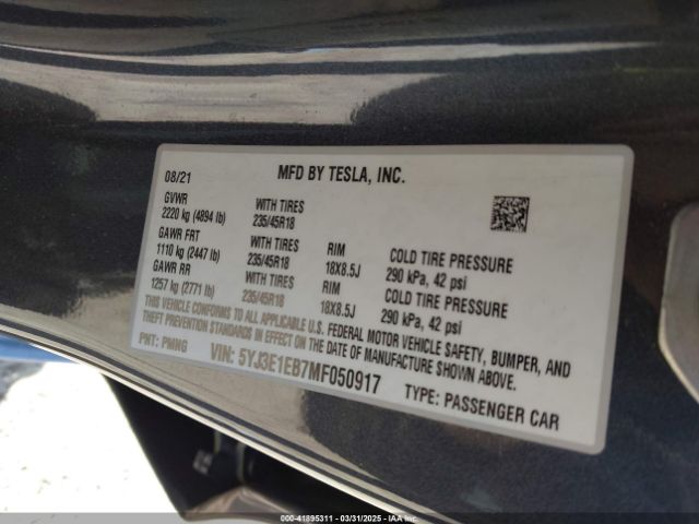 5YJ3E1EB7MF050917 Tesla Model 3 Long Range Dual Motor All-wheel Drive
