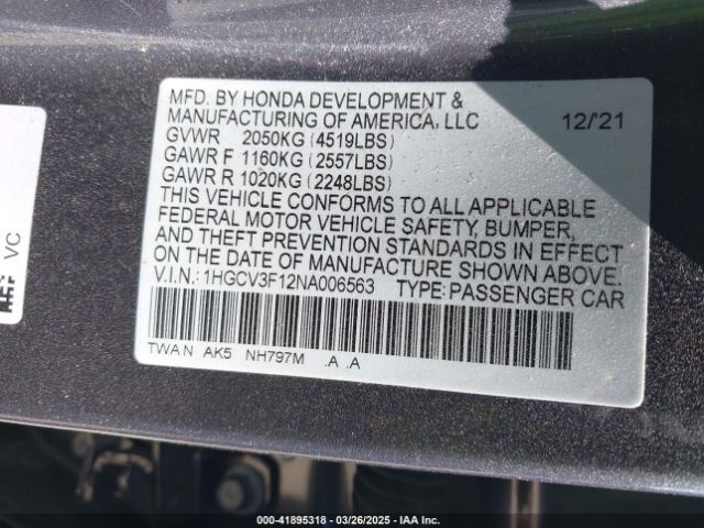 1HGCV3F12NA006563 Honda ACCORD HYBRID