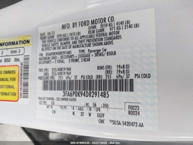 2013 FORD FUSION 3FA6P0K94DR291485 Photo 8