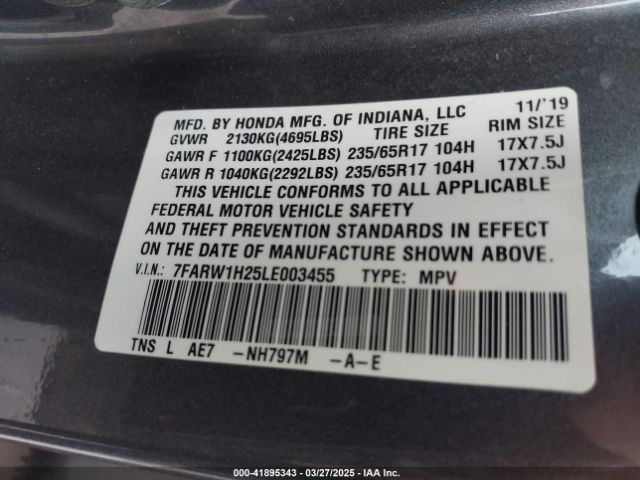 7FARW1H25LE003455 Honda Cr-v 2wd Lx
