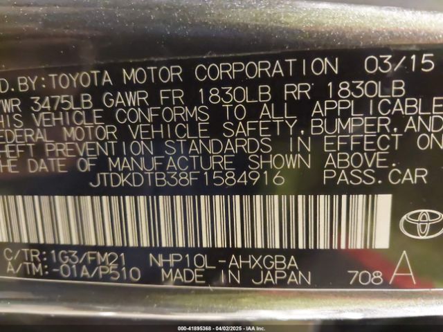 JTDKDTB38F1584916 Toyota Prius C Three