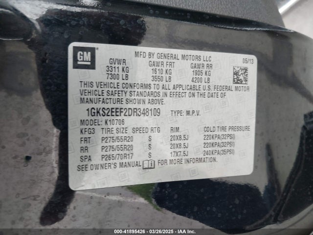 41895426 :رقم المزاد ، 1GKS2EEF2DR348109 vin ، 2013 Gmc Yukon Denali مزاد بيع