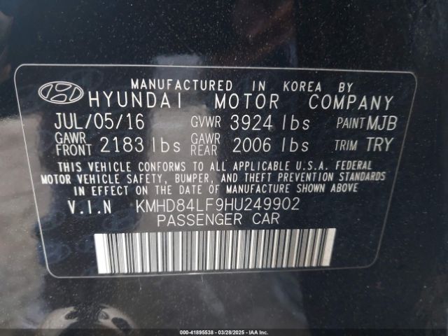 KMHD84LF9HU249902 Hyundai Elantra Value Edition