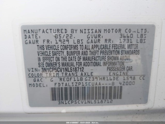 3N1CP5CV1NL518712 Nissan Kicks Sv Xtronic Cvt