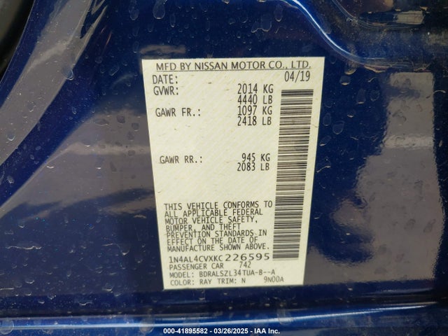 1N4AL4CVXKC226595 Nissan Altima 2.0 Sr