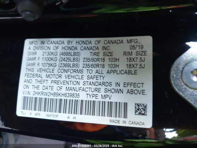 Honda Cr-v Ex-l 2019 2HKRW2H89KH639835 Image 9
