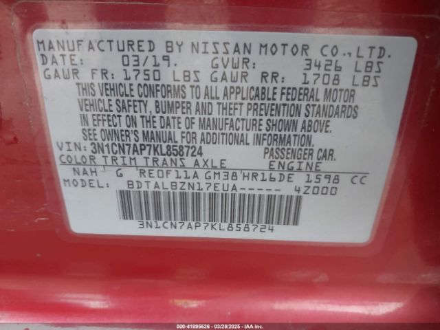 3N1CN7AP7KL858724 Nissan Versa 1.6 Sv