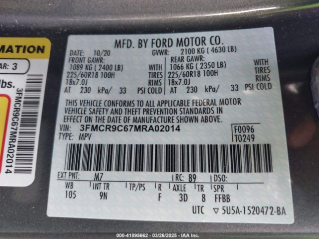 3FMCR9C67MRA02014 Ford Bronco Sport Outer Banks