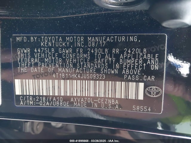 4T1B11HK4JU509323 Toyota CAMRY LE