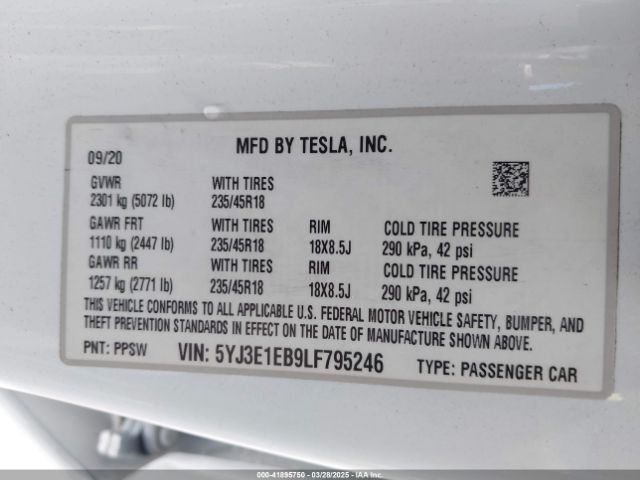 5YJ3E1EB9LF795246 Tesla Model 3 Long Range Dual Motor All-wheel Drive