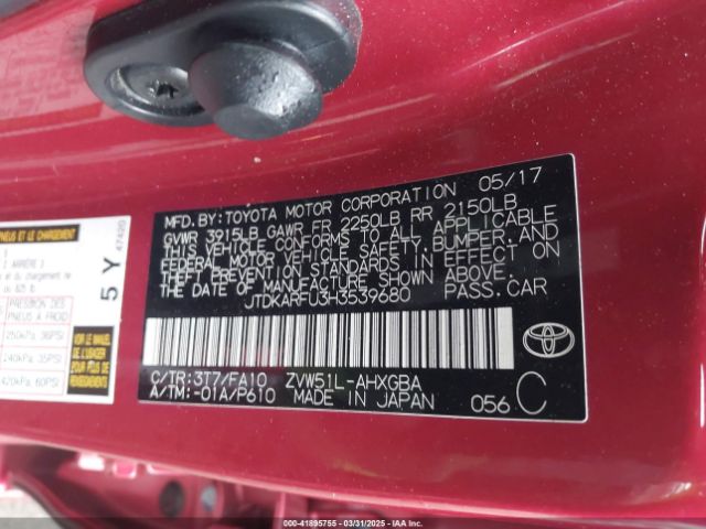 JTDKARFU3H3539680 Toyota Prius Three