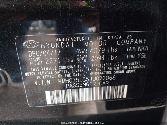 KMHC75LC5JU072068 Hyundai Ioniq Hybrid Sel