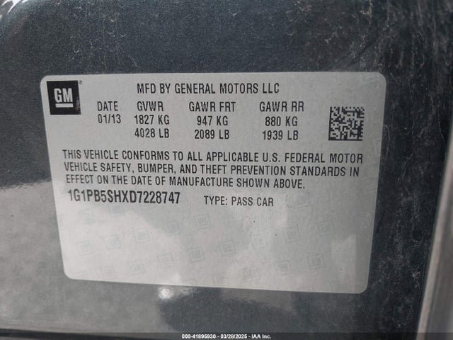 41895930 :رقم المزاد ، 1G1PB5SHXD7228747 vin ، 2013 Chevrolet Cruze Ls Manual مزاد بيع