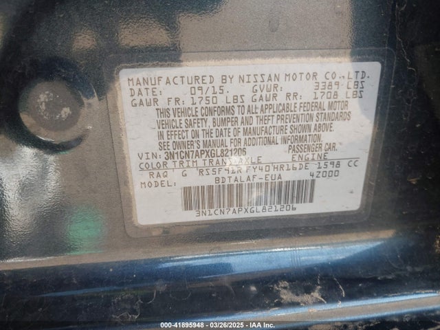 3N1CN7APXGL821206 Nissan Versa 1.6 S