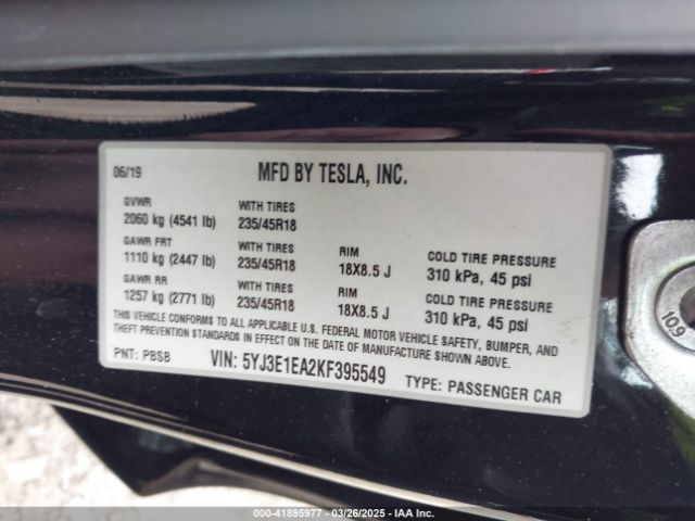 5YJ3E1EA2KF395549 Tesla Model 3 Long Range/mid Range/standard Range/standard Range Plus