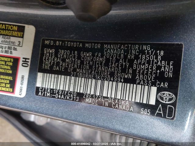 2T1BURHE1KC204994 Toyota COROLLA SE