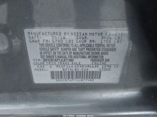 3N1CN7AP7JL877482 Nissan Versa 1.6 Sv