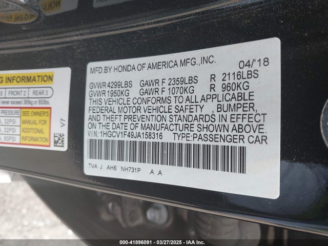 1HGCV1F49JA158316 Honda ACCORD EX