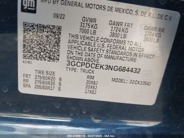 3GCPDCEK3NG684432 Chevrolet Silverado 1500 4wd  Short Bed Custom Trail Boss