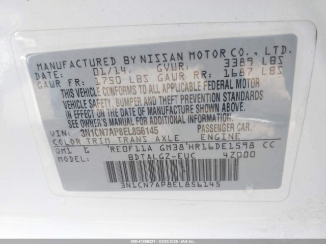3N1CN7AP8EL856145 Nissan Versa 1.6 Sl
