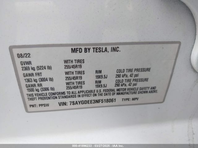 7SAYGDEE3NF518061 Tesla Model Y Long Range Dual Motor All-wheel Drive