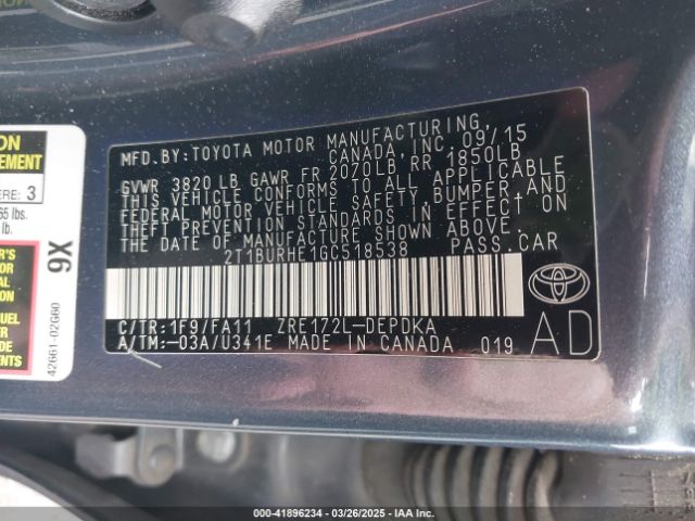 2T1BURHE1GC518538 Toyota COROLLA L