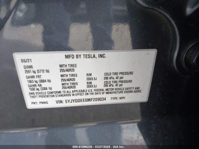 5YJYGDEE6MF209034 Tesla Model Y Long Range Dual Motor All-wheel Drive
