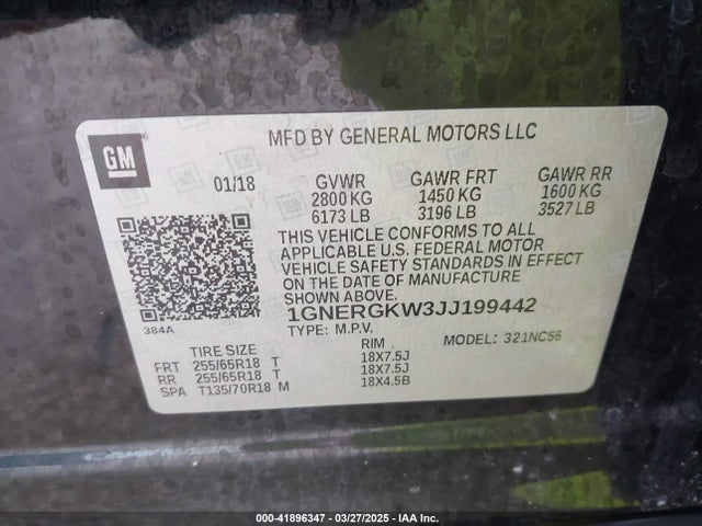 1GNERGKW3JJ199442 Chevrolet Traverse 1lt