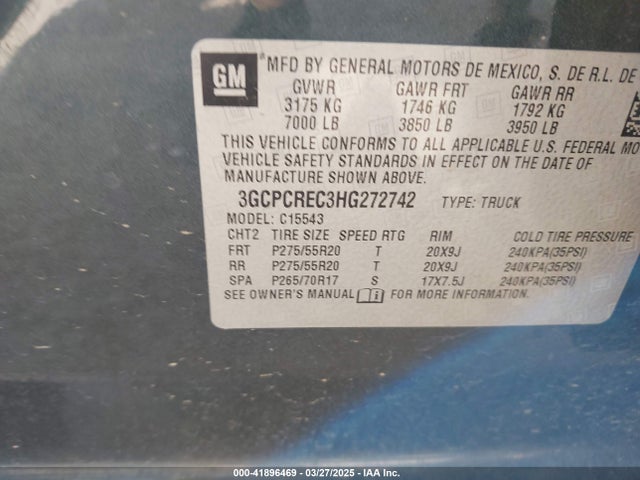 3GCPCREC3HG272742 Chevrolet Silverado 1500 1lt