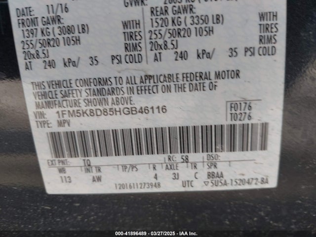 1FM5K8D85HGB46116 Ford EXPLORER XLT