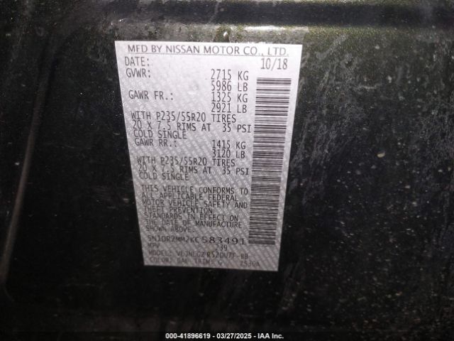 5N1DR2MM2KC583491 Nissan Pathfinder Sl