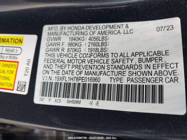19XFL1H78PE016960 Honda Civic Ex-l /ex-l W/o Bsi