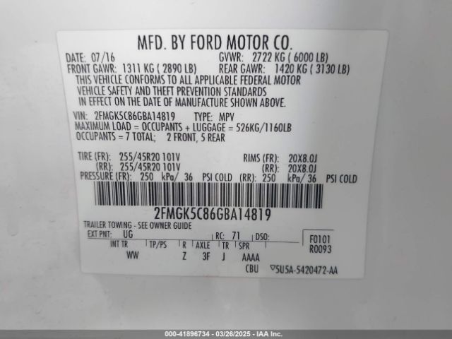2FMGK5C86GBA14819 Ford FLEX SEL